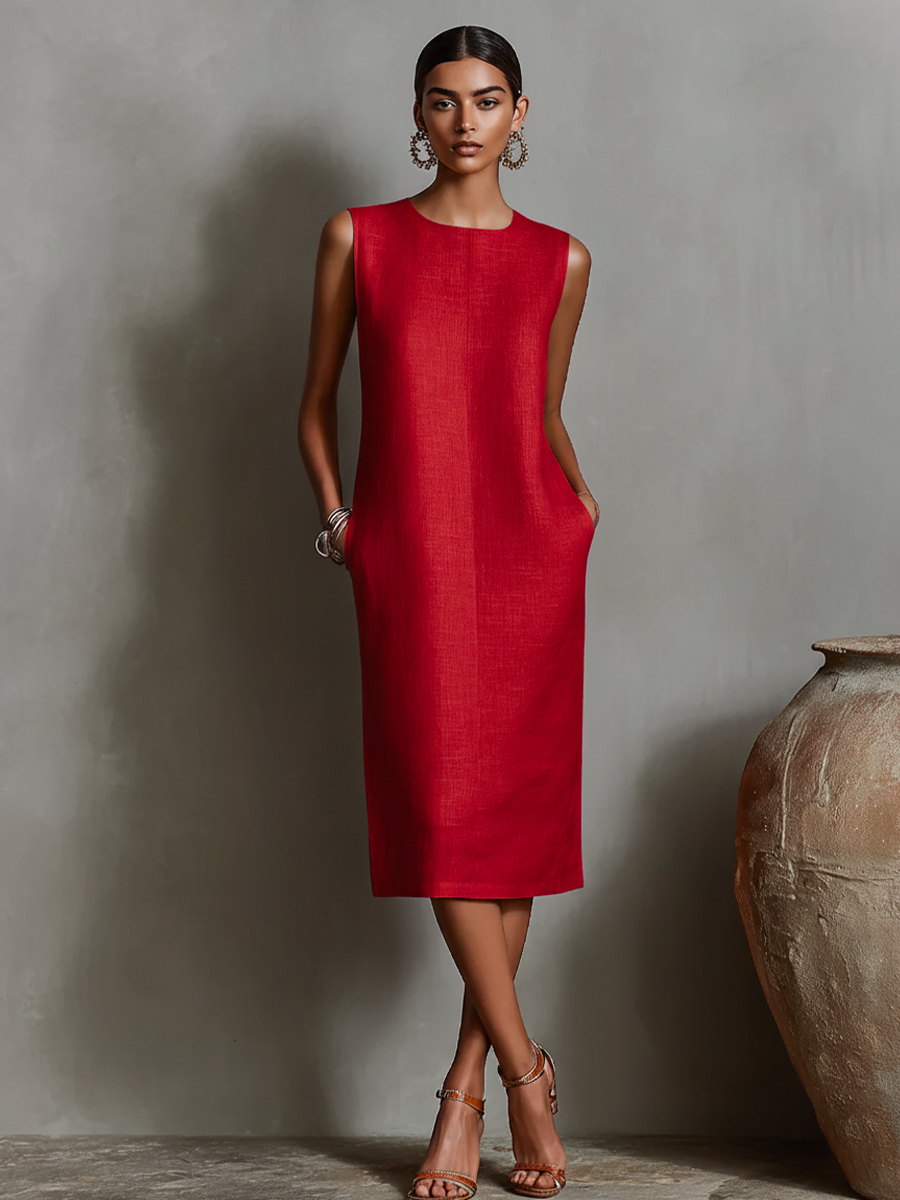Vestido Recto Naranja en Lino, Sin Mangas, Cuello Redondo y Bolsillos Laterales — Diseño Minimalista y Elegante Atemporal