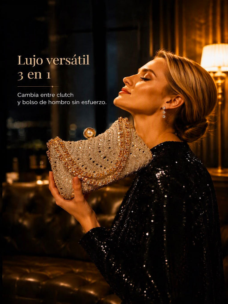 👜 Clutch de Noche con Pedrería y Cierre de Perla