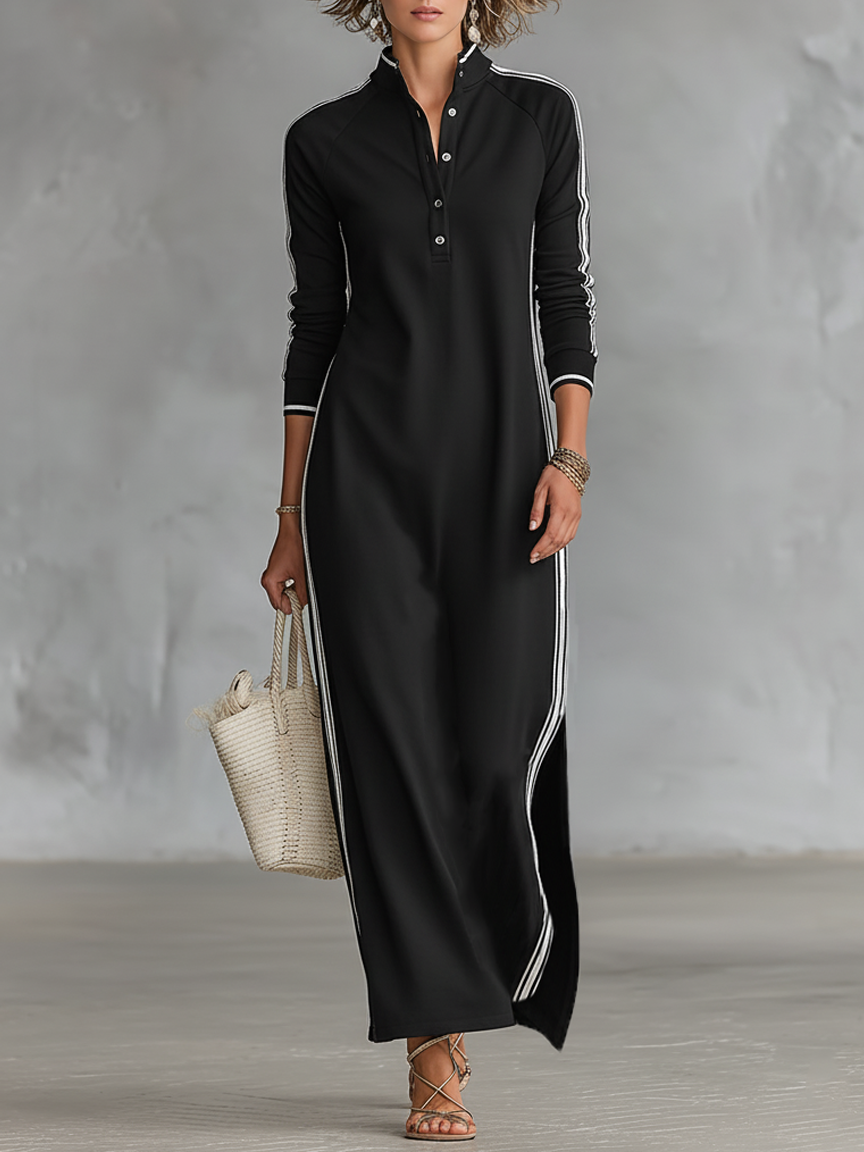 Vestido Maxi Minimalista Tipo Sudadera con Cuello Camisero y Ribete Blanco