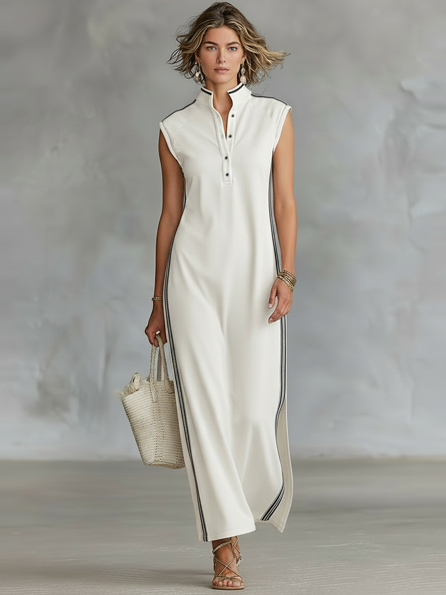 Vestido Maxi Estilo Henley Minimalista y Deportivo, Sin Mangas