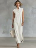 Vestido Maxi Estilo Henley Minimalista y Deportivo, Sin Mangas