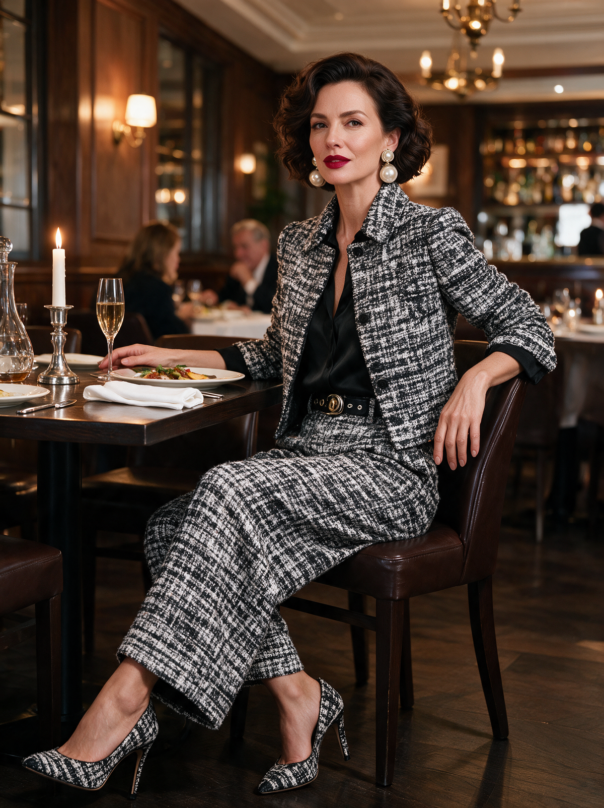 Conjunto en Mezcla de Tweed: Chaqueta Corta de Botonadura Sencilla y Pantalón Ancho