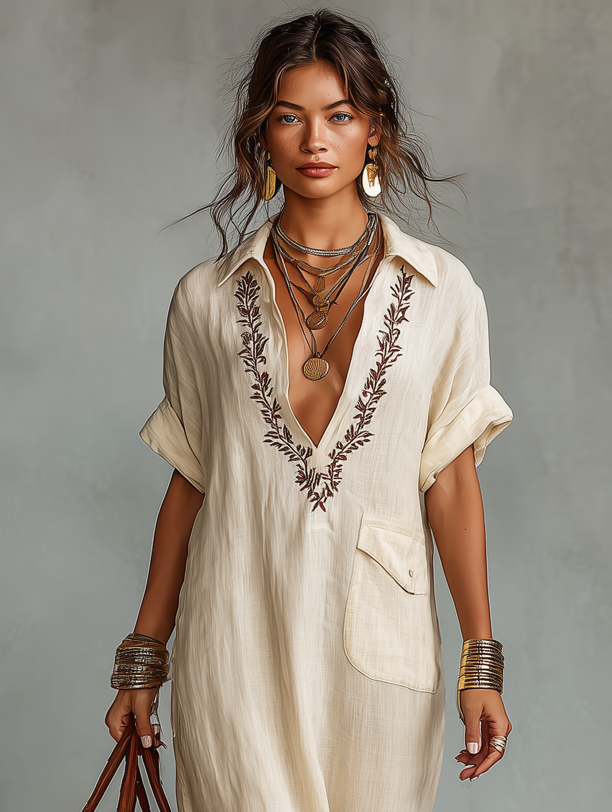 Vestido Maxi Minimalista de Mezcla de Lino Bordado para Mujer