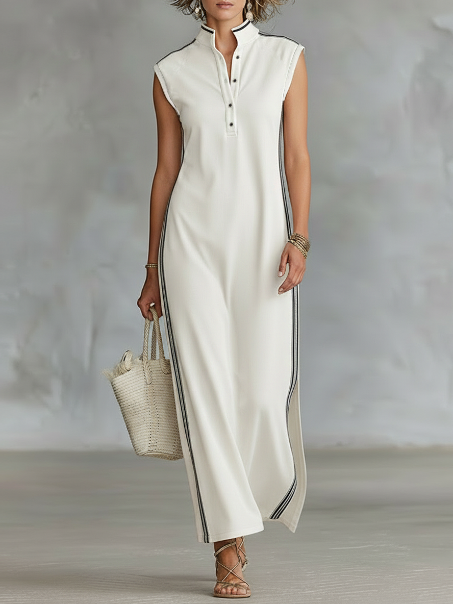 Vestido Maxi Estilo Henley Minimalista y Deportivo, Sin Mangas