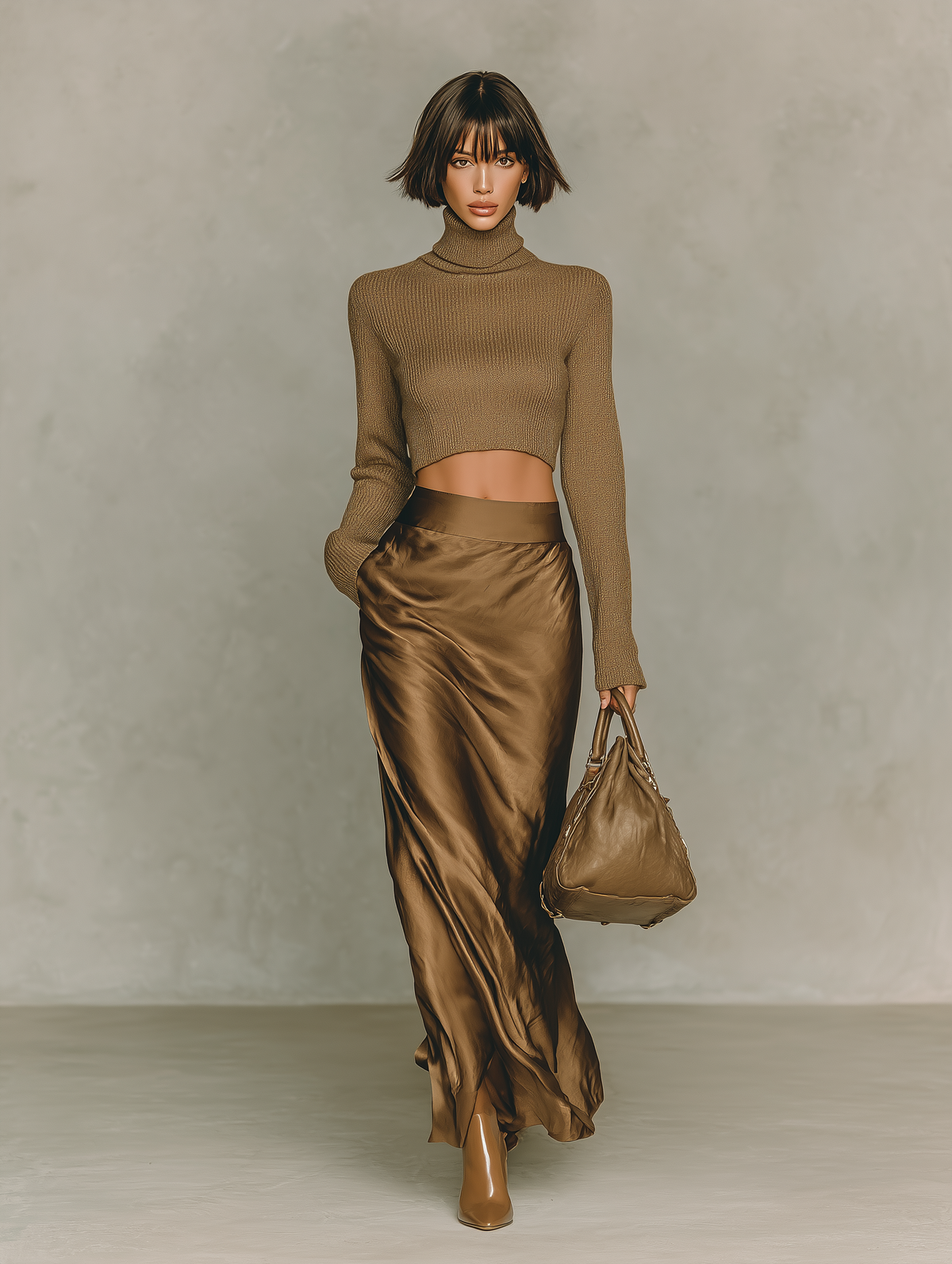 Conjunto de Moda: Top de Punto Marrón Dorado con Cuello Alto y Manga Larga, con Falda Midi de Satén