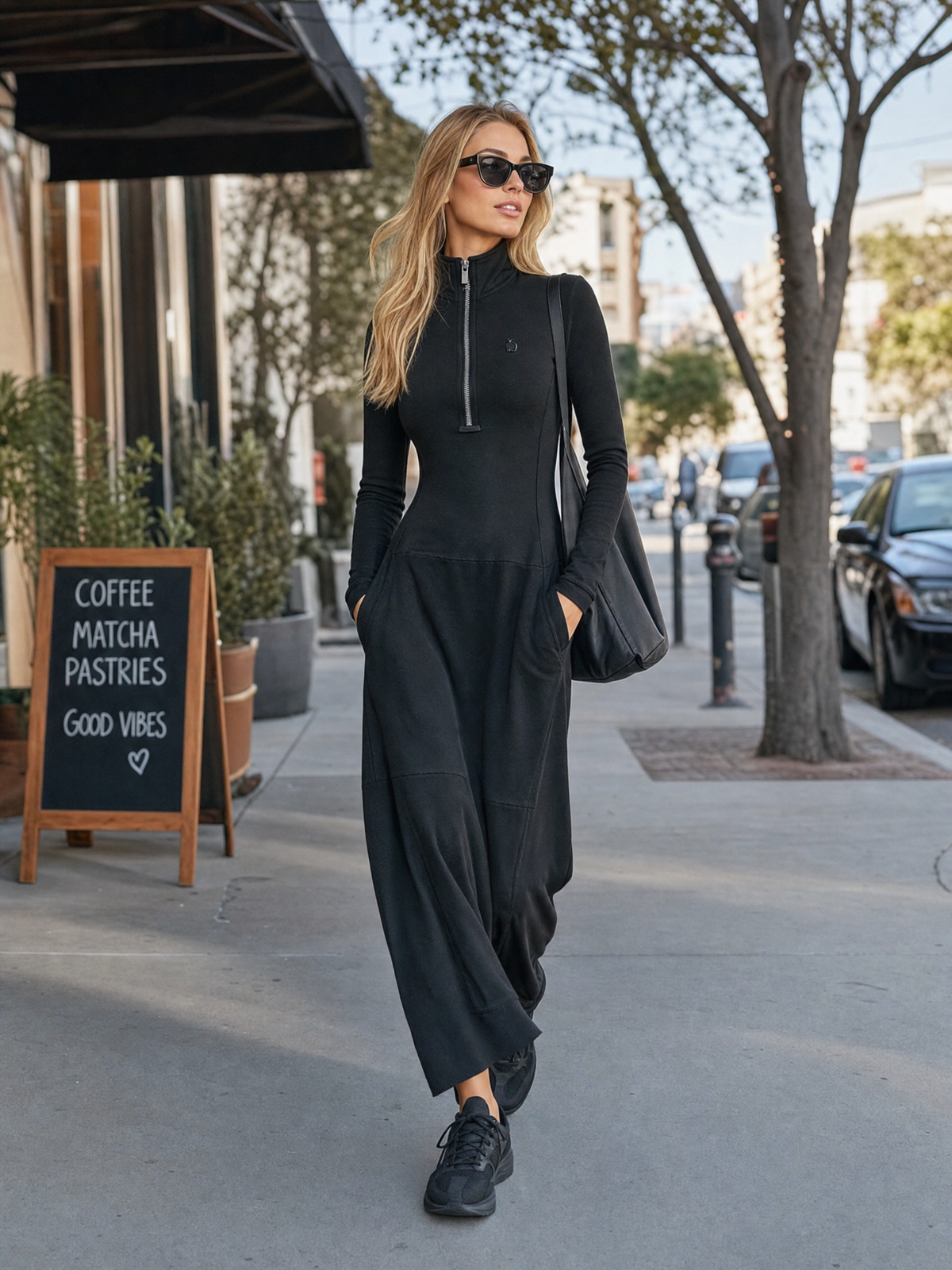 Vestido Maxi Deportivo Holgado en Mezcla de Algodón, Cuello Medio Alto y Cremallera