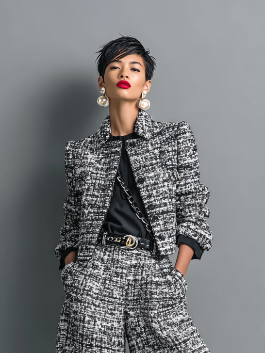 Conjunto en Mezcla de Tweed: Chaqueta Corta de Botonadura Sencilla y Pantalón Ancho