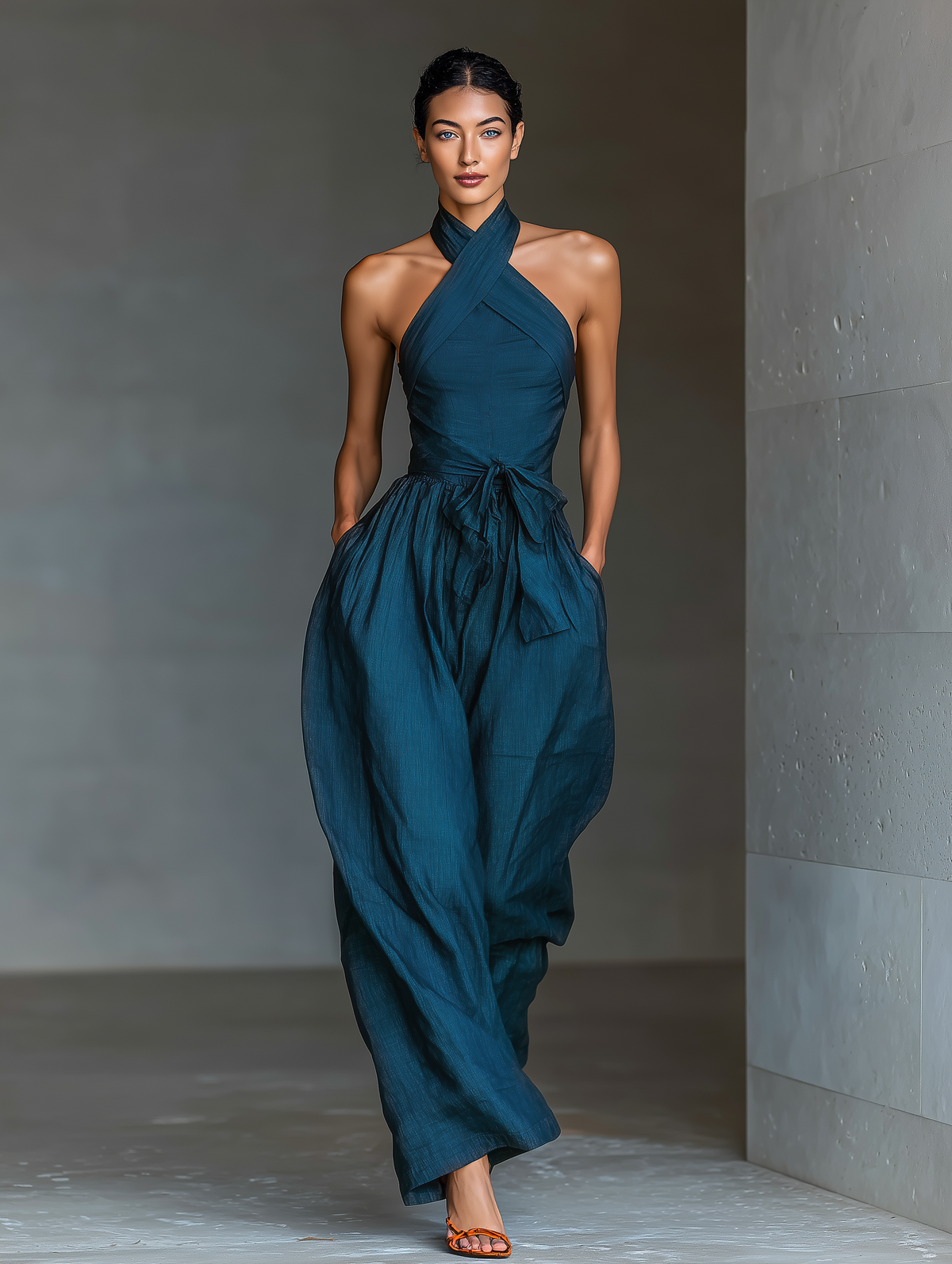 Mono Azul Marino en Lino, Cuello Cruzado Halter, Pernera Ancha, con Cinturón Anudado y Bolsillos Laterales