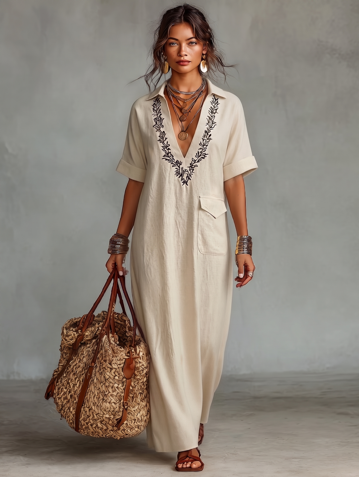 Vestido Maxi Minimalista de Mezcla de Lino Bordado para Mujer