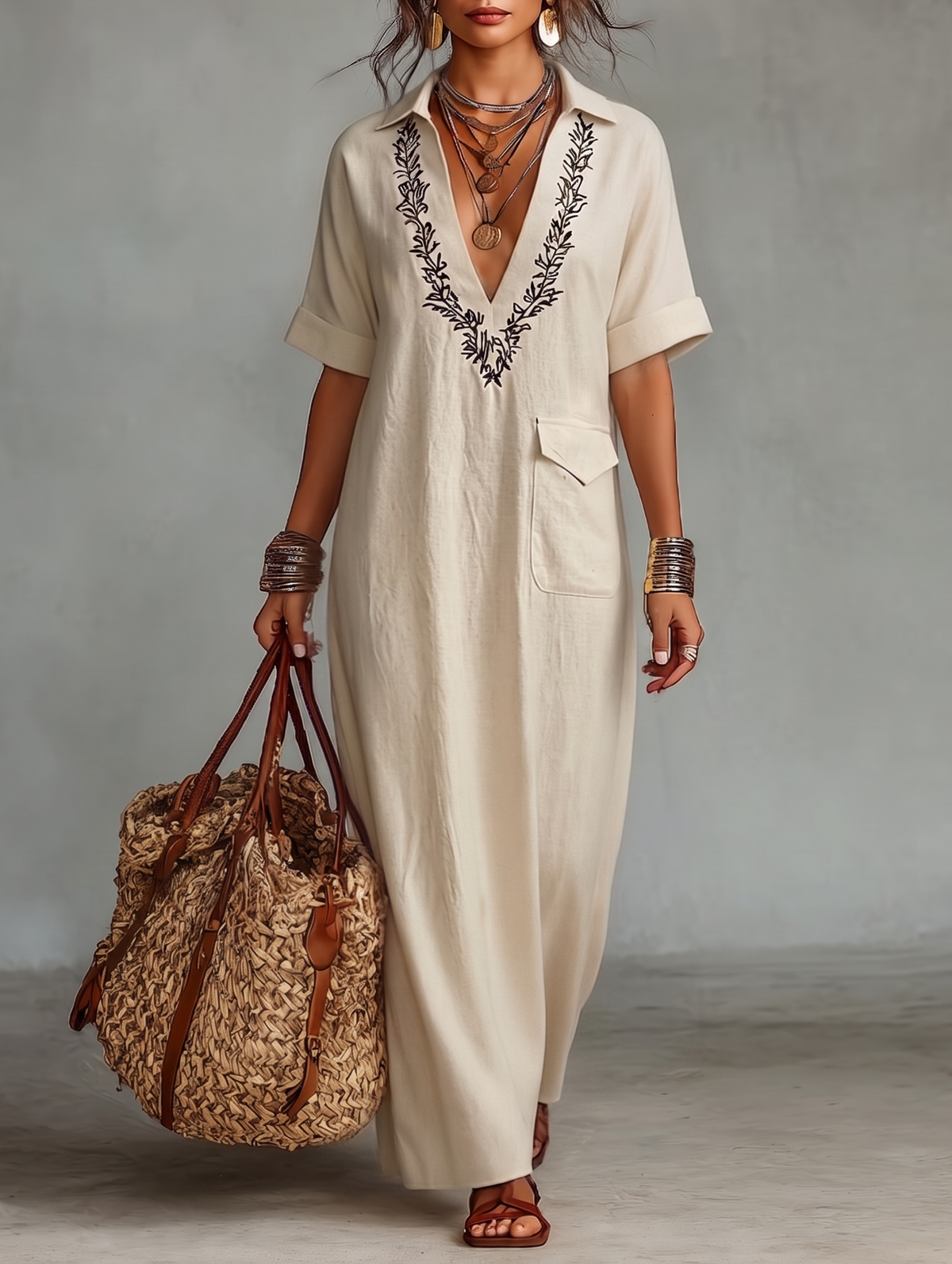 Vestido Maxi Minimalista de Mezcla de Lino Bordado para Mujer
