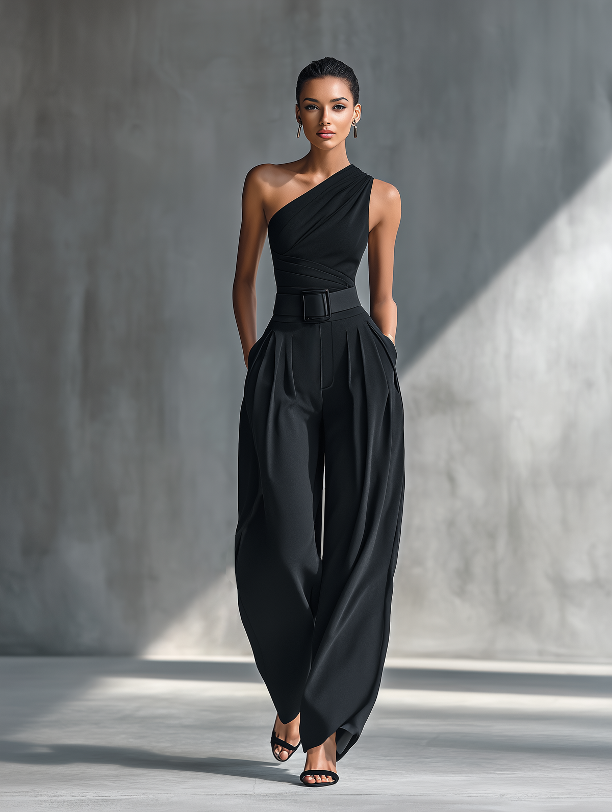 Conjunto de Top Negro de Punto Elástico y Pantalón Ancho en Acetato