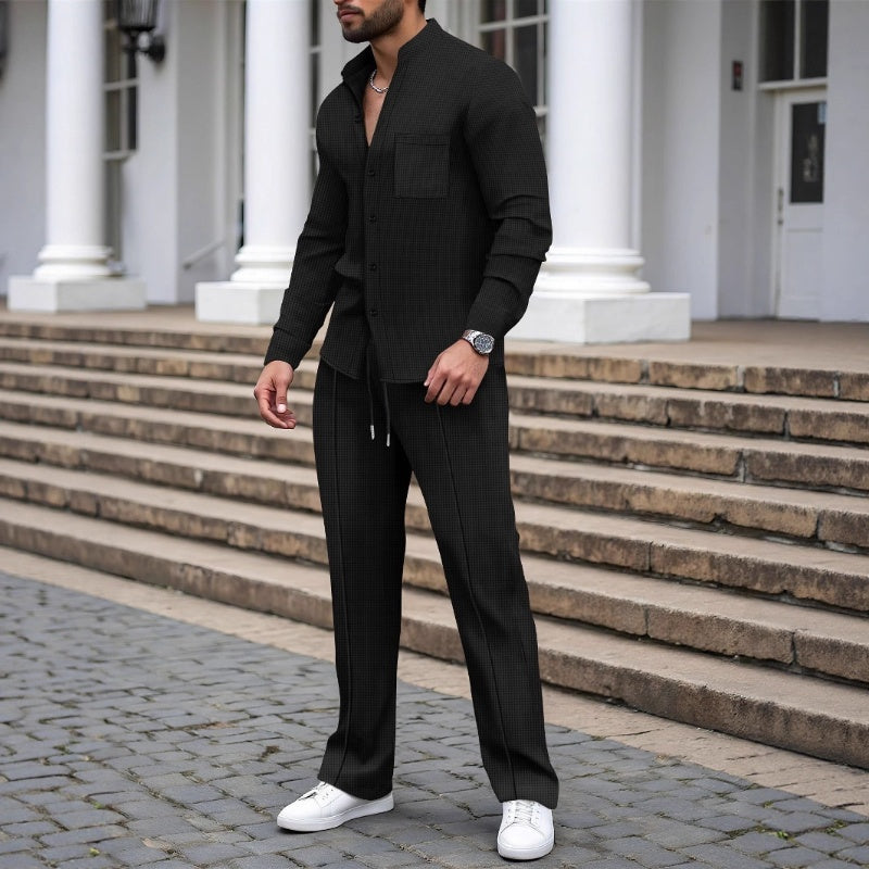Conjunto casual de hombre de 2 piezas: camisa y pantalón de tejido waffle
