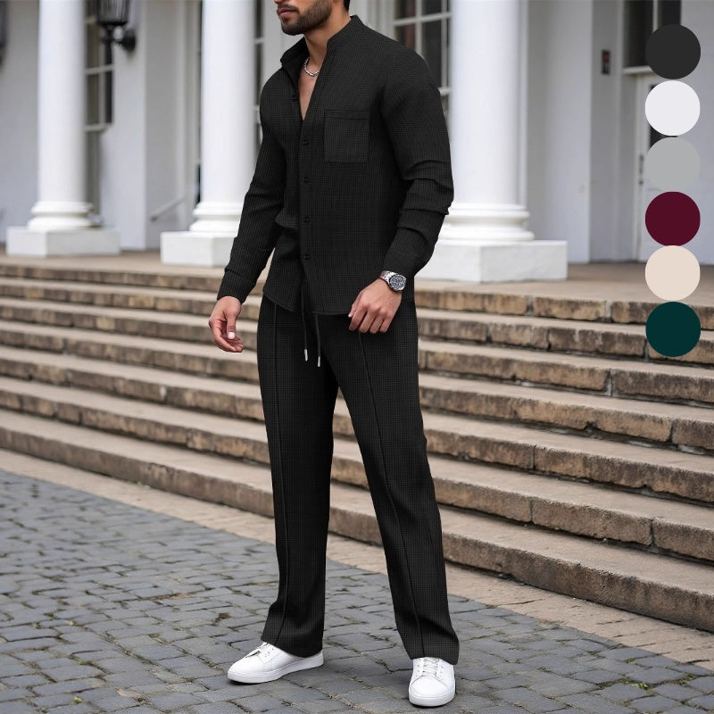 Conjunto casual de hombre de 2 piezas: camisa y pantalón de tejido waffle
