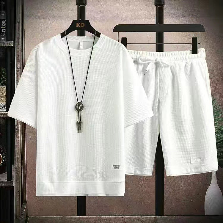 Conjunto Lorenz de 2 piezas de tejido waffle: camiseta de manga corta y pantalón corto