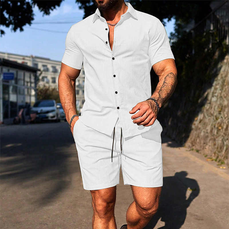 Conjunto casual  Dairon: camisa de manga corta y pantalón corto – ¡50 % DE DESCUENTO! Perfectamente coordinado, fresco, cómodo y veraniego.