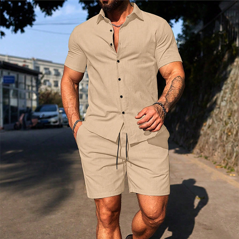 Conjunto casual  Dairon: camisa de manga corta y pantalón corto – ¡50 % DE DESCUENTO! Perfectamente coordinado, fresco, cómodo y veraniego.