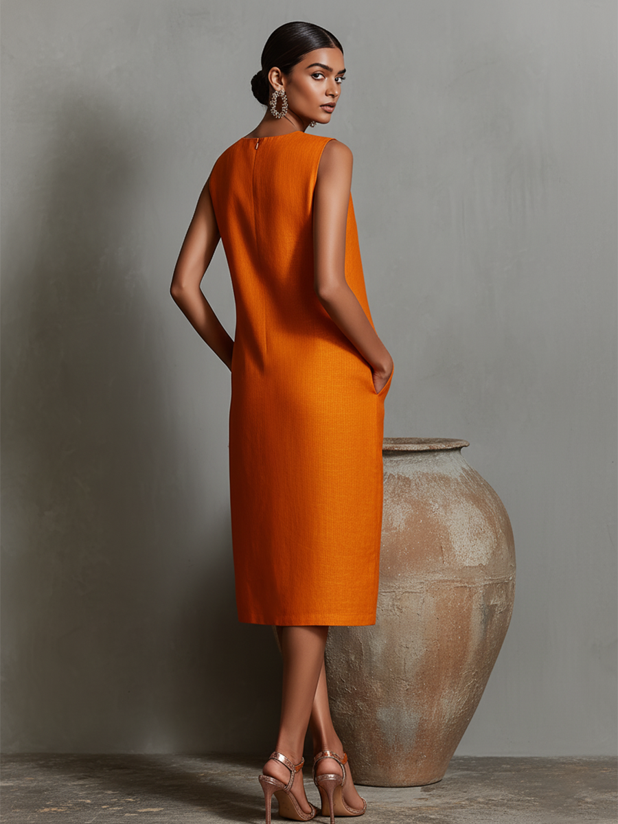Vestido Recto Naranja en Lino, Sin Mangas, Cuello Redondo y Bolsillos Laterales — Diseño Minimalista y Elegante Atemporal